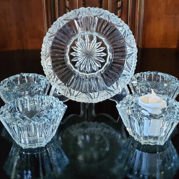 5pc "Prism" Crystal (4) Votive Holders & (1) 6" Crystal Bowl/Pillar🕯 Holder - Picture 5 of 12